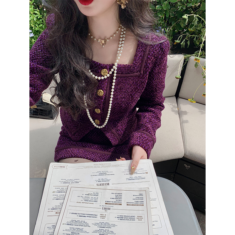 麓津自制《海葵紫》显白紫色小香风贵气精致秋冬季外套半身裙套装