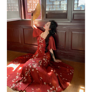 麓津自制 明艳大美人酒红两穿披肩吊带鱼尾大摆连衣裙 石榴花开