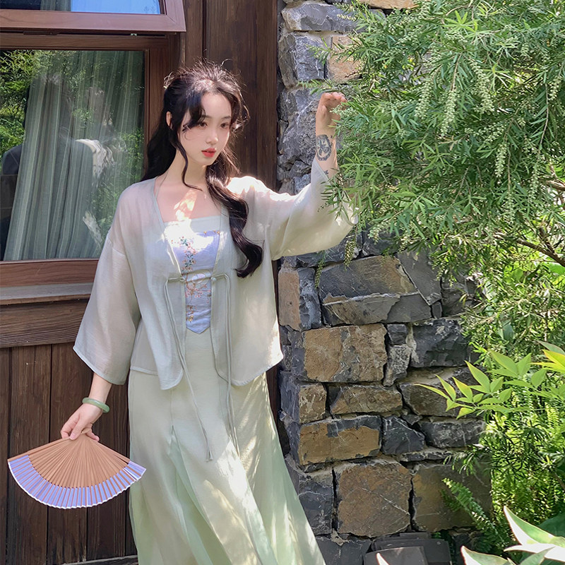 LUJIN의 홈메이드 LUSHAN YUNWU 여성용 새로운 중국 스타일 민족 스타일 복고풍 디자인 앤티크 스커트 가디건 3피스 세트