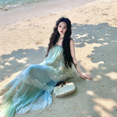 重工渐变蓝绿色海浪吊带仙气连衣裙女 春夏季 麓津自制 薄荷岛屿