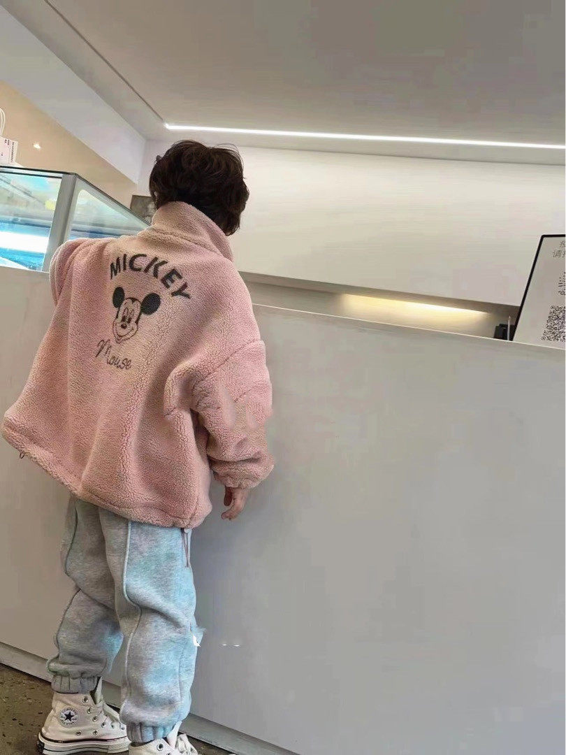 韩国童装潮牌可爱米奇粉色羊羔立领外套男女童2025冬款宽松百搭潮