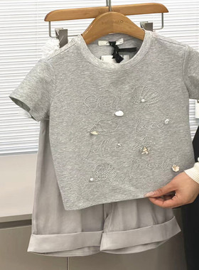 潮牌珍珠贝壳T恤两色纯女生短袖上衣女童2026夏新大童洋气亲子韩