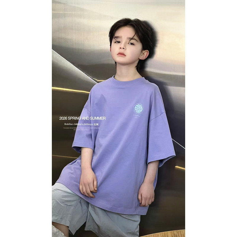 潮牌比例紫色短袖上衣男女童2026夏装新大童显白温柔韩版亲子拍照