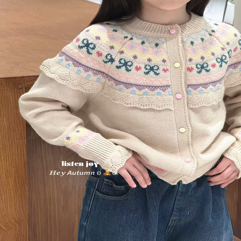 潮牌LJ家甜美花边毛衣搭配太阳花加绒牛仔裤女童2025冬新大童一套