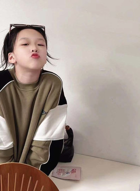 韩国童装25秋冬男女中大童潮牌DT家调性复古拼色味道抓绒卫衣儿童