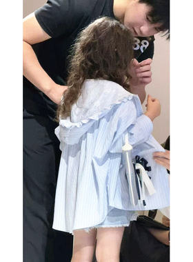 潮牌LJ家格蓝白条衬衫帽子蕾丝可爱纯女童2026春装新大童韩版亲子