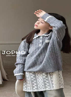 JIUFENG两色POLO毛衣学生领女童2025冬大童洋气显白打底衫百搭韩