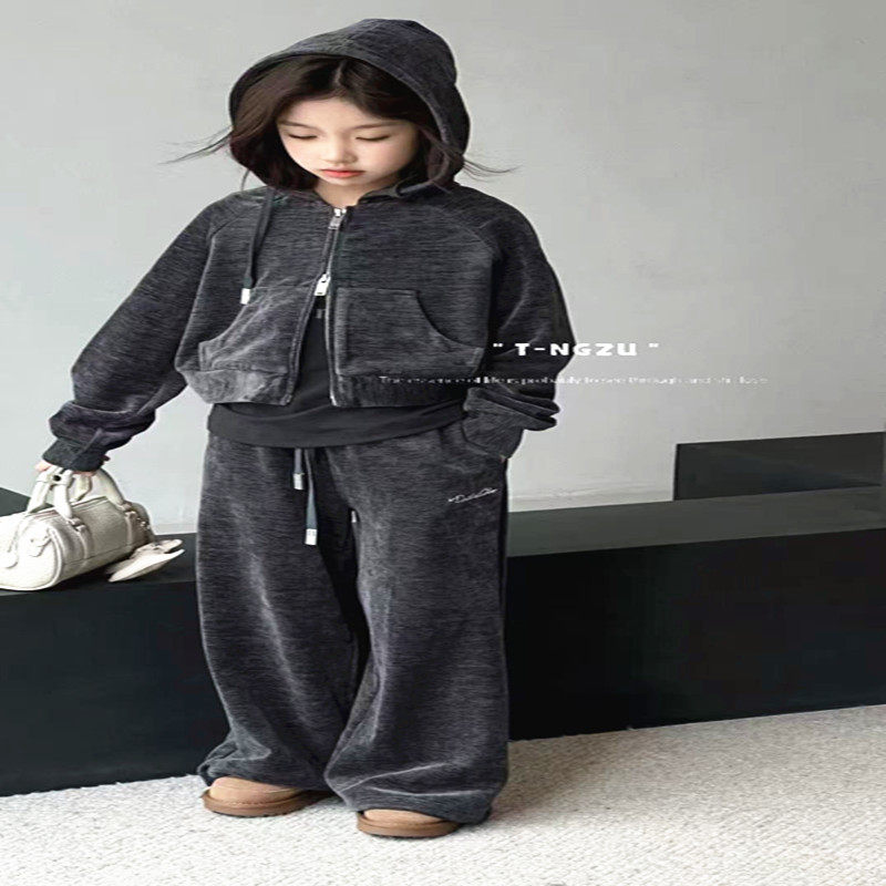 潮牌TZ家丝绒两件套套装男女童2025秋装新款大童质感满满又欧美酷