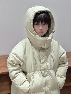 韩国童装潮牌两色连帽男女童中长款面包羽绒服2026冬装白鸭绒外套