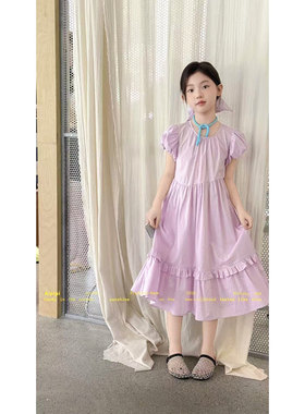 韩国童装潮APP紫色显白连衣裙2026夏装新女大童学院风中长裙韩版