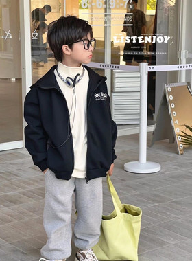 韩国童装黑色ORD连帽拉链加绒外套女童2025冬装洋气男童运动衫潮