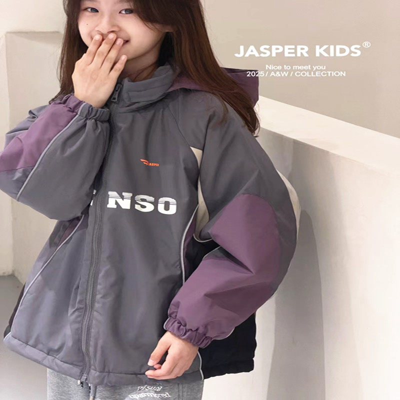 潮三防面料加棉撞色外套男女童2025冬儿童大童保暖刚需便利冲锋衣