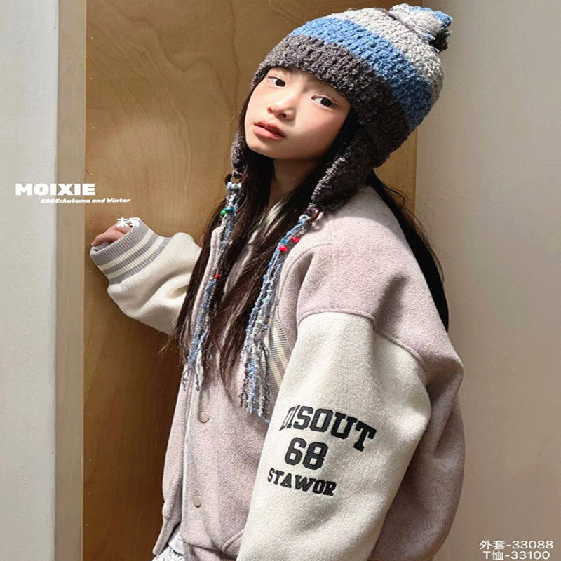 潮牌mouxie两色加棉外套男女童2025冬装新款大童洋气棒球服高街潮