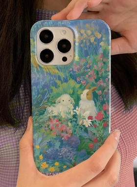 绿色兔子简约~苹果15promax手机壳2024新款14plus文艺适合夏天的iphone13少女心12pm适用p60华为pura70小米14