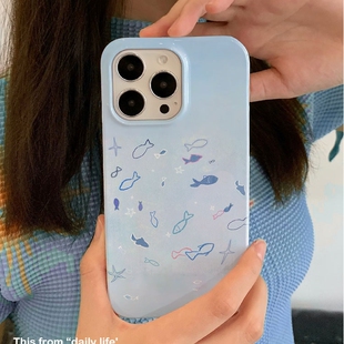 适用iPhone16promax苹果14小米15新款mate70华为p70nova13荣耀200手机壳opporeno13软壳vivox100可爱涂鸦鱼群