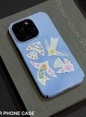 蓝色花鸟适用iPhone16promax苹果17小米17pro新款mate60华为p70荣耀200菲林nova13手机壳oppofindx8s+vivos20