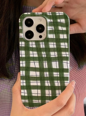 绿色格纹~适用iPhone15promax苹果13小米14新款mate60华为p70e适用nova12荣耀90菲林手机壳vivox100nova12pro