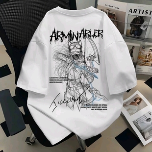 三角洲游戏黑天际线印花短袖T恤男夏季重磅纯棉宽松圆领百搭上衣