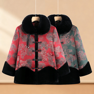 老年人奶奶冬装外套女妈妈保暖毛领大衣加绒加厚中式国风老人棉袄