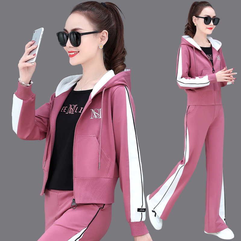 春秋新款运动套装女韩版修身长袖连帽阔腿裤休闲运动服三件套