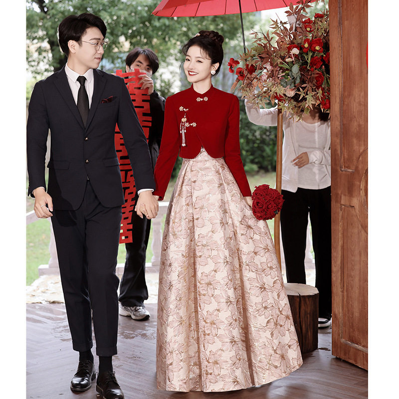 敬酒服新娘2025新款红色新中式结婚订婚礼服裙女长袖长款旗袍礼服