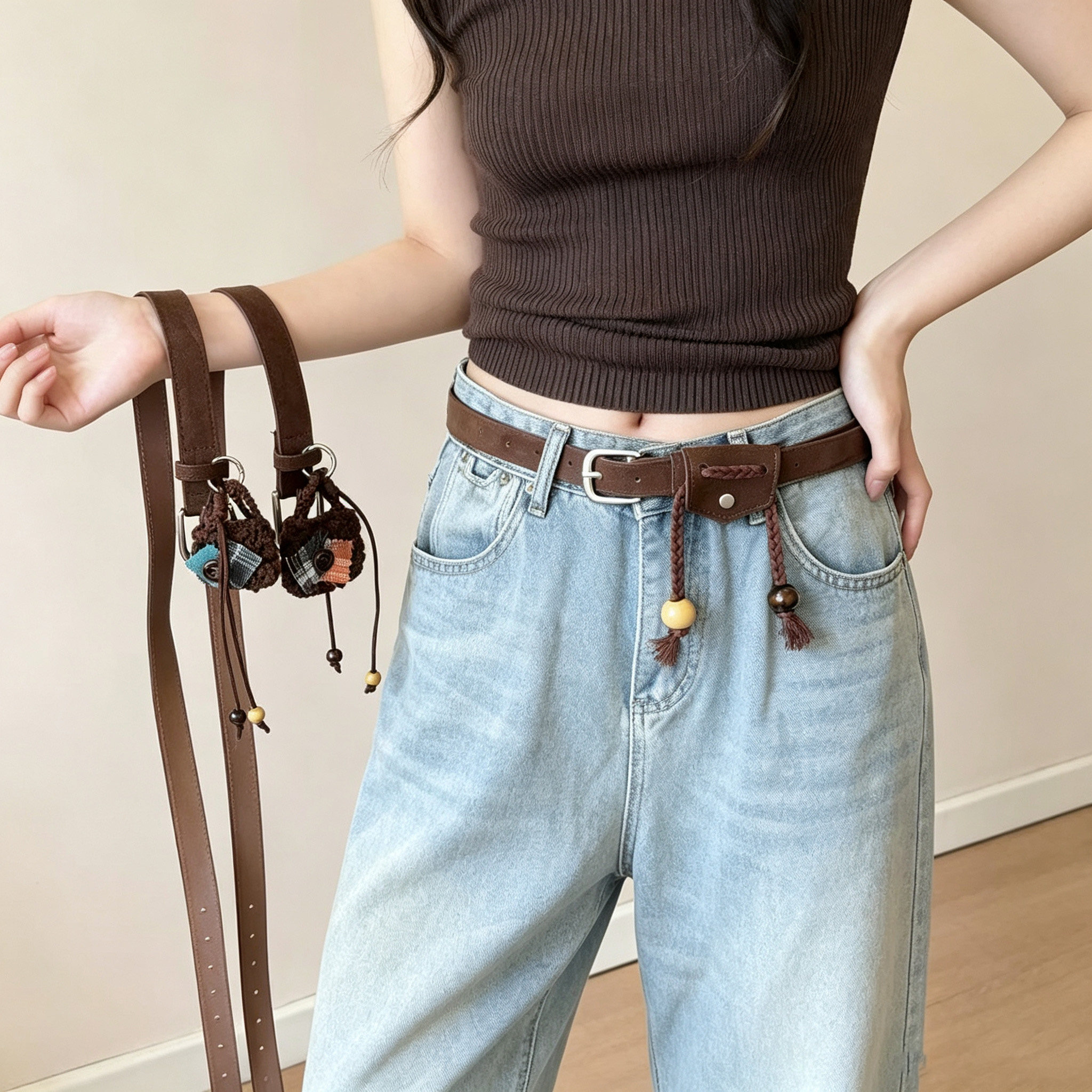 ParKo美拉德棕色小包流苏牛仔裤皮带女设计感小众腰间挂件配饰ins