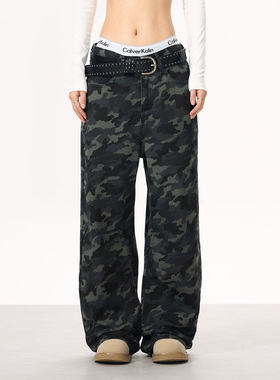 YORAINBOW迷彩牛仔裤男美式复古工装裤女2025新款宽松直筒阔腿裤