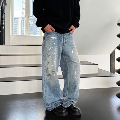 美式复古泼墨直筒牛仔裤