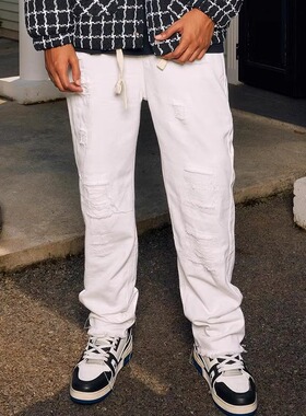 YORAINBOW 白色破洞牛仔裤男款美式高街阔腿裤微喇裤子女直筒宽松