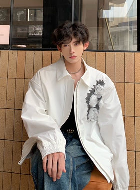 SKEER春秋纱网玫瑰花垫肩外套男月光白夹克cleanfit巴洛克西服女