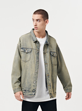 YORAINBOW开春牛仔外套黄泥色男士短款夹克美式复古上衣女春秋潮