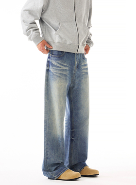 YORAINBOW潮牌浅蓝色美式复古cleanfit猫须牛仔裤宽松直筒阔腿裤