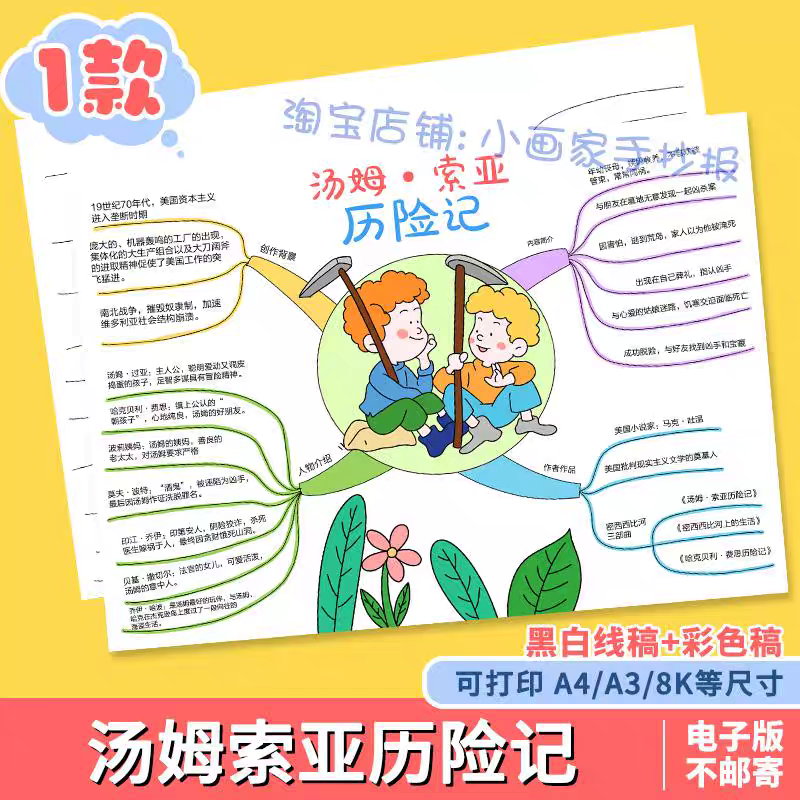 汤姆·索亚历险记思维导图手抄报模板好书推荐课外阅读读书小报a4