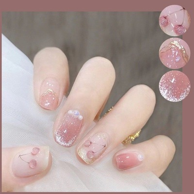 2026年新款儿童美甲穿戴甲猫眼珍珠樱桃指甲贴片短款24片成品甲片