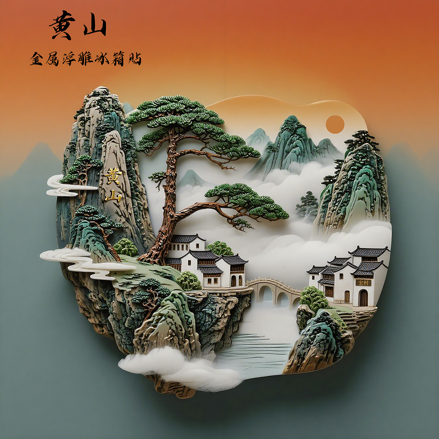 黄山迎客松金属浮雕冰箱贴