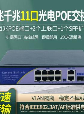 锐闪  poe供电交换机千兆百兆8口11口分线器网络百兆集线器国标准48v摄像头分离器网络分线器SFP扩展槽sc光口