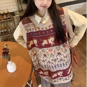 森系甜美复合提花软糯舒适百搭中长款针织马甲叠穿无袖毛衣坎肩秋