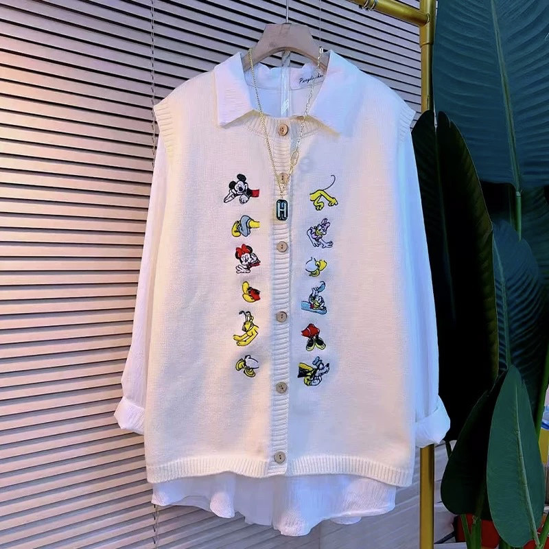 文艺森系精致绣花针织米老鼠马甲背心女秋冬复古圆领无袖开衫外搭