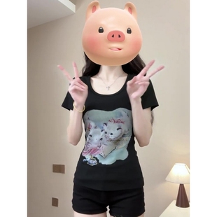 微胖mm遮肉巨显瘦黑色上衣 大码 美式 猫咪印花U领正肩短袖 t恤女夏季