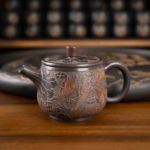 钦州坭兴陶茶壶「宋国昱九鱼桶金壶 」省大师精品纯手工窑变茶壶