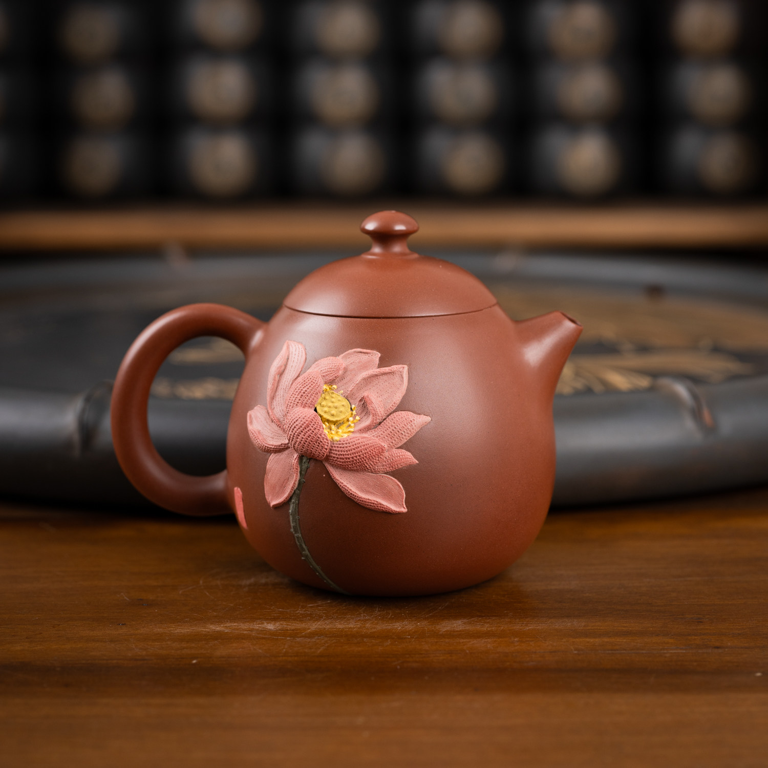 钦州坭兴陶集「堆雕荷花龙蛋壶」 名家大师精品 纯手工窑变茶壶