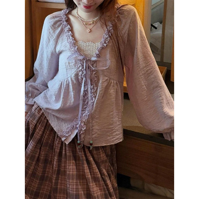 紫色v领木耳花边系带衬衫