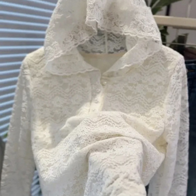 山力达迪感拼接蕾丝花边连帽衫