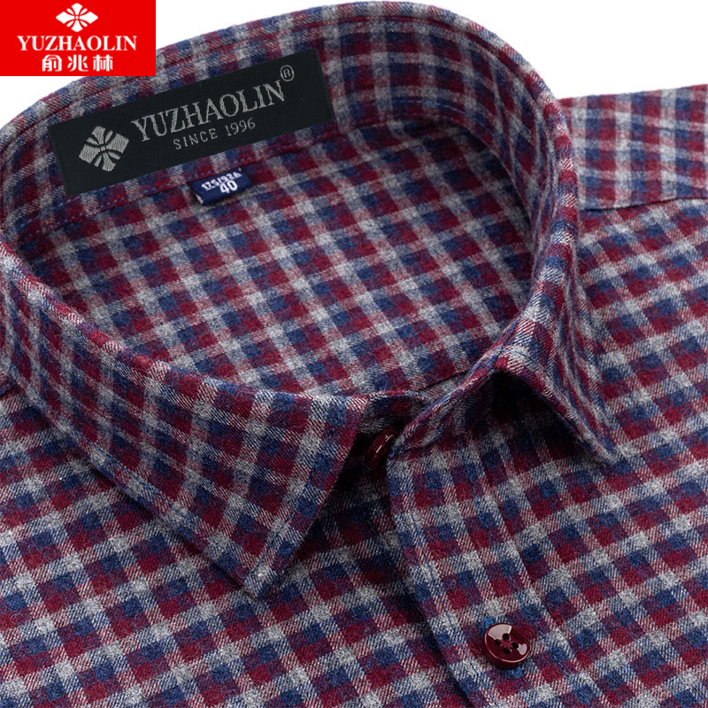 俞兆林全棉格子衬衫男长袖酒红色磨毛春季中年爸爸男装男士寸衬衣