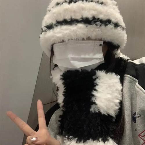 黑白皮草线毛线帽保暖针织围巾