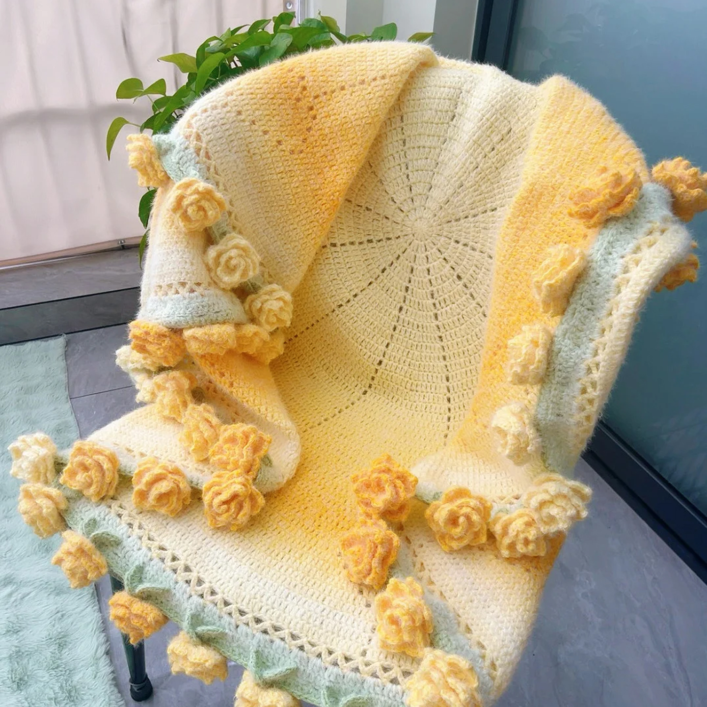 玫瑰花毯子魔法球毛线手工diy编织材料包渐变花束盖毯毛毯送闺蜜