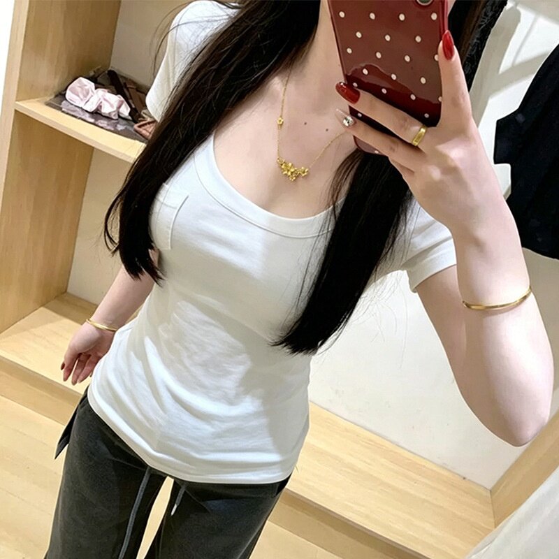 纯欲风口袋u领短袖T恤女夏季收腰修身打底衫辣妹白色紧身百搭上衣