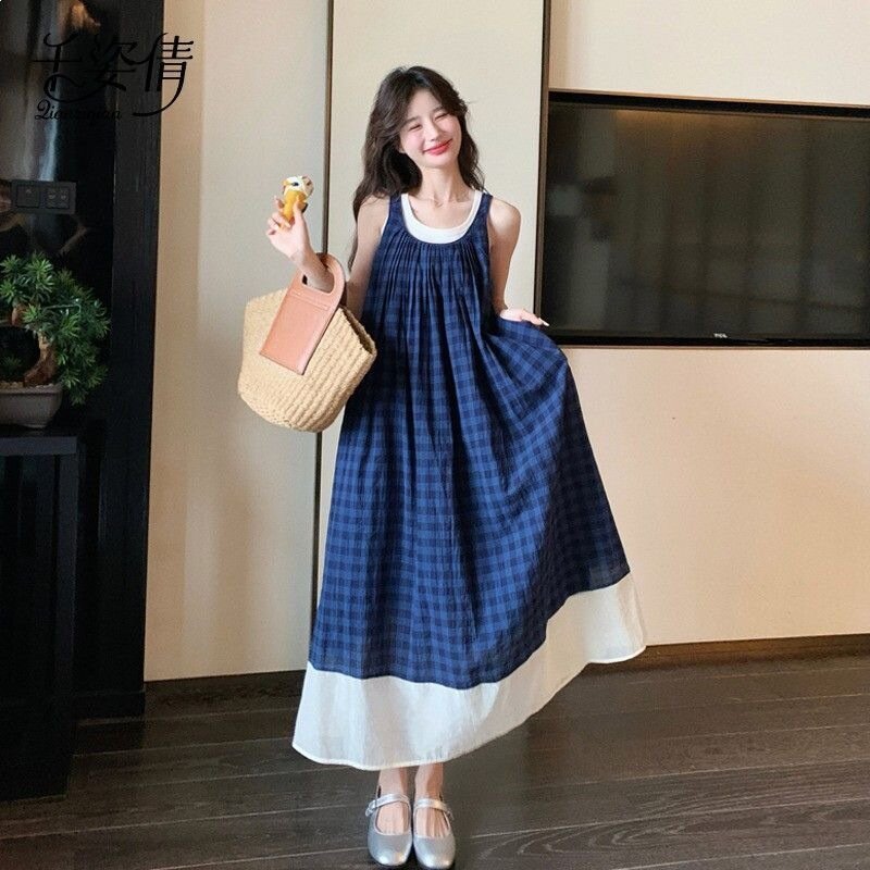 法式蓝色格子无袖连衣裙女文艺风森系复古小清新度假吊带背心长裙
