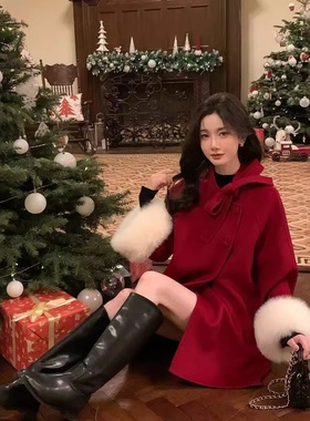 新年红色富家千金狐狸毛羊毛呢斗篷秋冬新款双面羊绒大衣女感外套