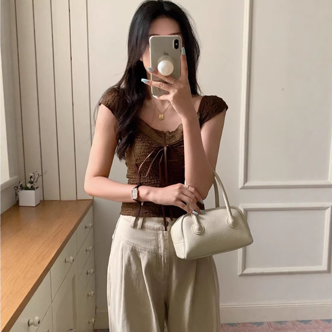 纯欲风性感蕾丝V领咖色短袖t恤女夏季设计感小众别致辣妹短款上衣